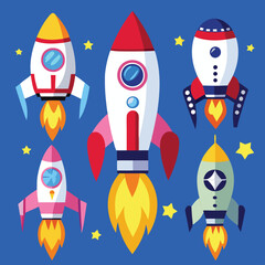 Cartoon Rocket Clipart in Vibrant Vector Illustration Style set