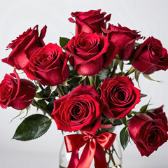 Fototapeta premium Red Roses Bouquet with Dewdrops and Fresh Green Leaves for Romantic Gift