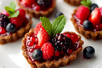  elegant heart-shaped berry tarts with mint leaves
