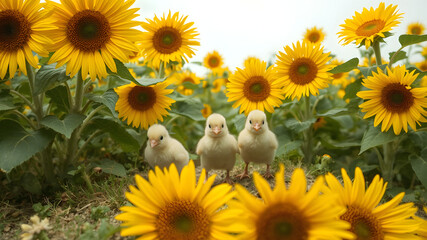 Obraz premium A cheerful family of baby chicks following their mother through a field of vibrant sunflowers