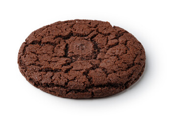 Freshly baked chocolate cookie with a rich texture and deep brown color sitting on a plain background