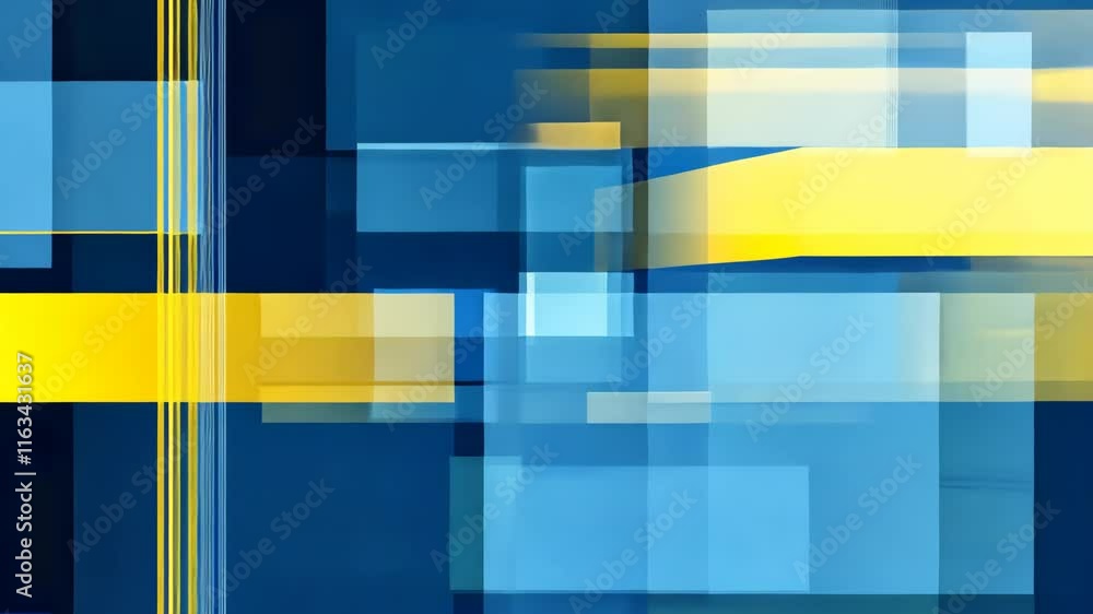 Poster vibrant abstract composition featuring blue, yellow, and transparent layers creating depth and movem