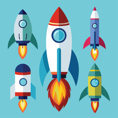 Cartoon Rocket Clipart in Vibrant Vector Illustration Style set