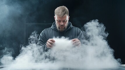 Obraz premium A man is standing in a cloud of smoke, holding a book