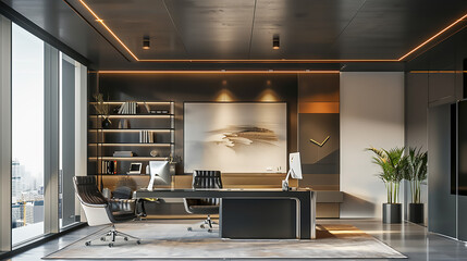 Sleek Minimalist Office Space with Modern Decor and Bright, Clean Environment Office environment with smart desks and ergonomic setups.

