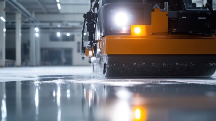 Industrial floor polishing machine in action, close-up view.
