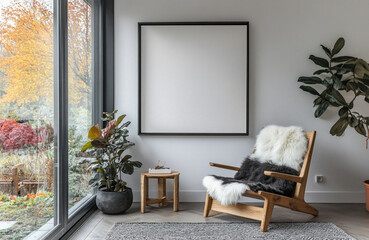 empty wall in the corner of a modern,home office. wooden lounge chair,a black and white fur blanket, wooden table, large blank frame on wall, large window curtains, garden outside,scandinavian