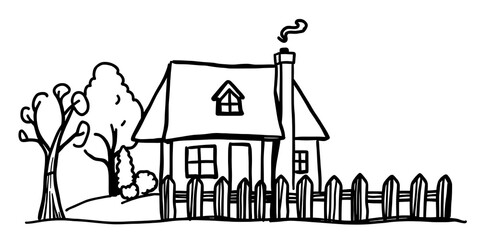 Obraz premium A thick-lined doodle of a house with a chimney, trees, and a fence, drawn in simple black outlines with no fill color, set on a plain white background.