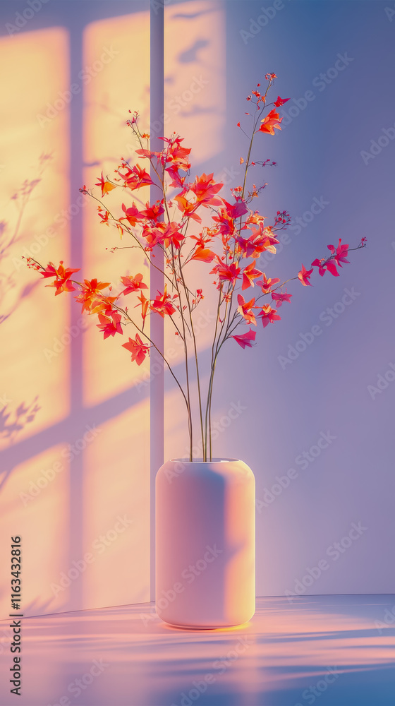 Poster elegant vase with colorful flower on table creating a warm and inviting atmosphere in a cozy indoor 