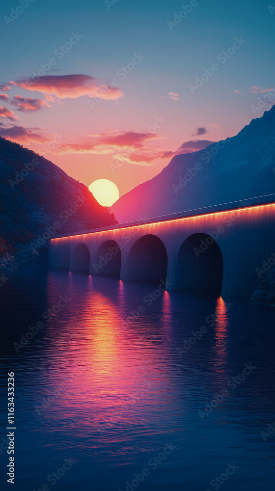 Poster elegant bridge arching over tranquil waters surrounded by lush greenery creating a peaceful scenic v