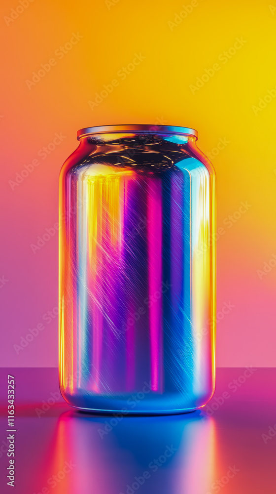 Poster vibrant colorful background with a glass jar containing a clear liquid highlighting artistic and pla