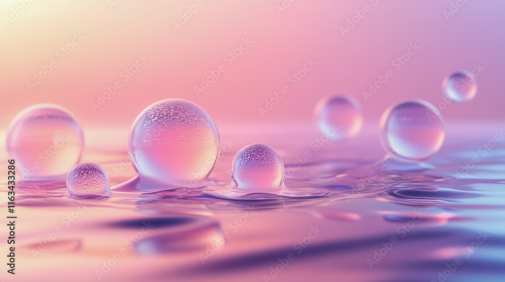 Poster delicate water drops gracefully resting on soft pink surface creating a tranquil and inviting aesthe
