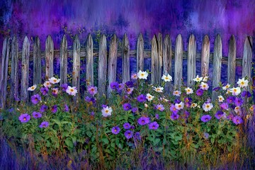 Vibrant Garden with Colorful Flowers in Front of Rustic Wooden Fence Surrounded by Lush Greenery and Soft Purple Background Atmosphere
