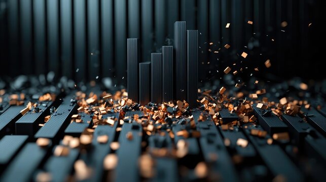 Crash market idea. Abstract visualization of data analytics with rising bars and scattered elements.