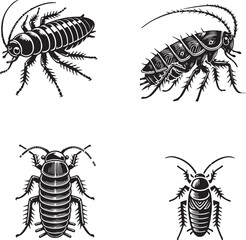 4 Set of Black Silhouettes of Cockroach Nymph Isolated on White Background Showcasing Intricate Detail