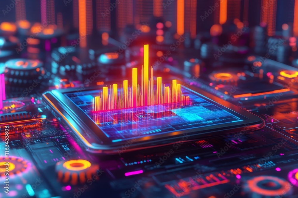 Poster futuristic financial concept with holographic charts and dynamic graphs in a high tech atmosphere