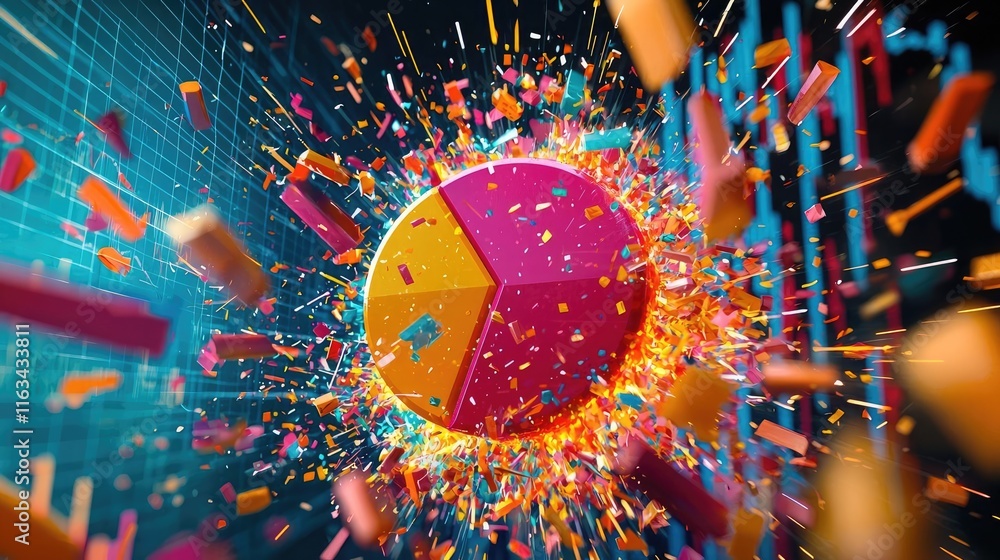 Aufkleber crash market idea. colorful digital sphere exploding with vibrant particles in a futuristic setting.