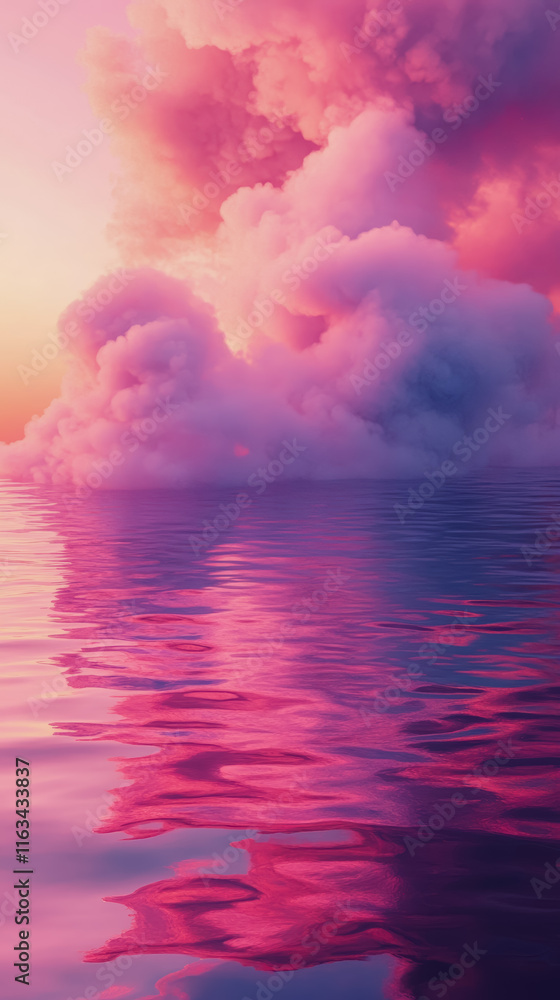 Poster serene twilight sky with soft pink hues and fluffy clouds mirrored in calm water creating a tranquil