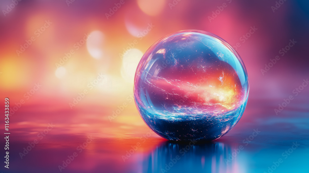 Poster vibrant glass sphere reflecting colorful background creating an enchanting visual experience of ligh