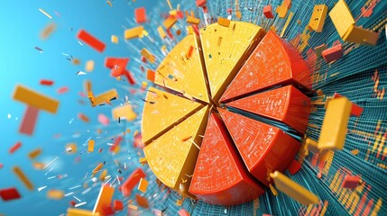 Crash market idea. Dynamic 3D pie chart with vibrant colors representing data explosion concept.