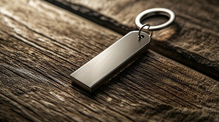 Sleek engraved keychain mockup displayed on a simple wooden surface, perfect for branding and product promotion.