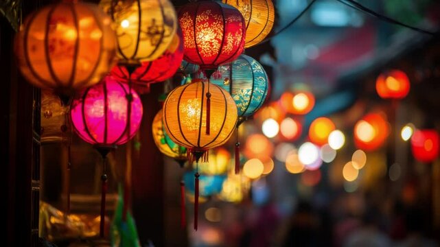 Colorful lanterns in a street market glowing against an urban night background