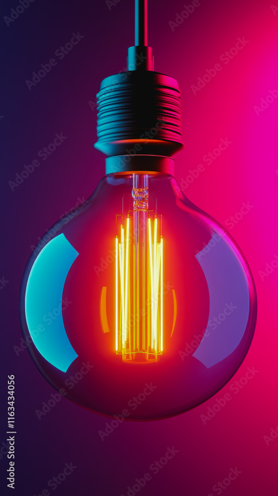 Poster bright light bulb illuminating against vivid red background creating a striking contrast and bold vi