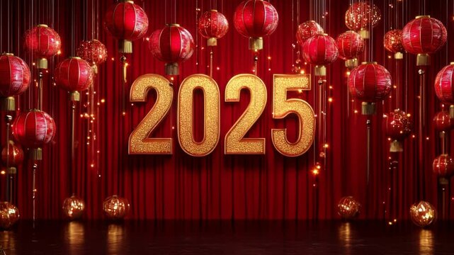 Golden '2025' numbers with hanging red lanterns in a Chinese New Year scene