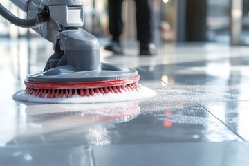 Professional floor cleaning machine scrubbing tiles with dynamic reflections and operator in frame