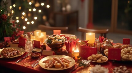 A Festive Table Set with Symbolic New Year Foods and Decorations