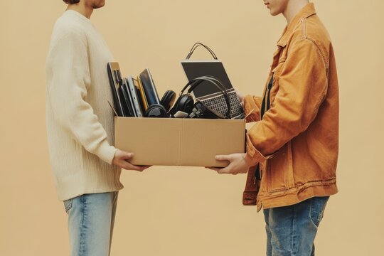 Exchanging old electronics  a laptop for a box of keyboards, headphones, and smartphones