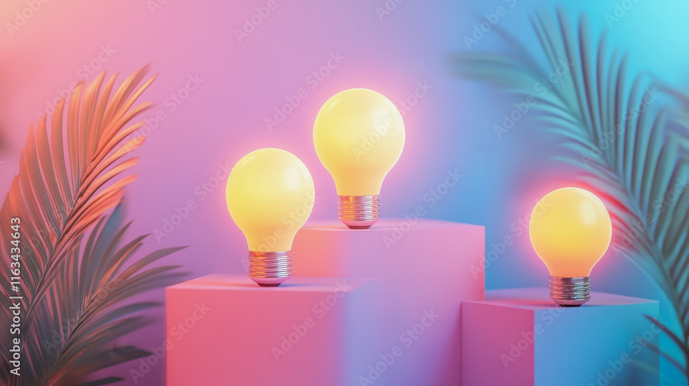 Poster three unique light bulbs illuminating a soft pink and blue background creating an artistic and conte