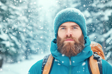 Fototapeta premium Hiker wearing backpack enjoying snowy winter forest during snowfall