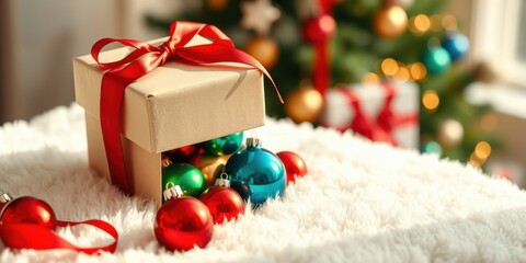 Obraz premium A Festive Gift Box Overflowing with Colorful Holiday Ornaments on a Soft White Surface