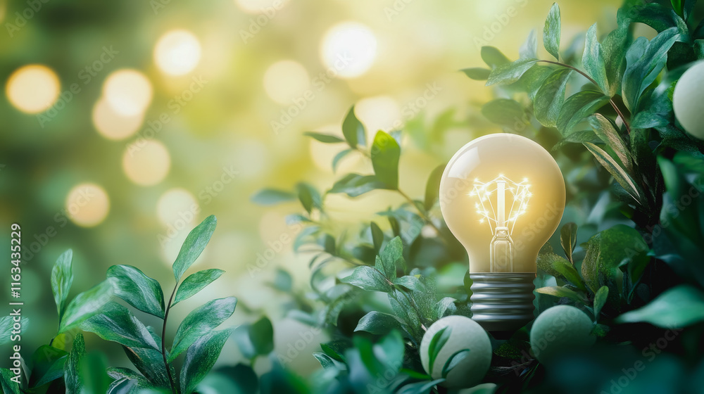 Poster illuminating light bulb nestled amidst lush green bushes creating a unique contrast of nature and ar