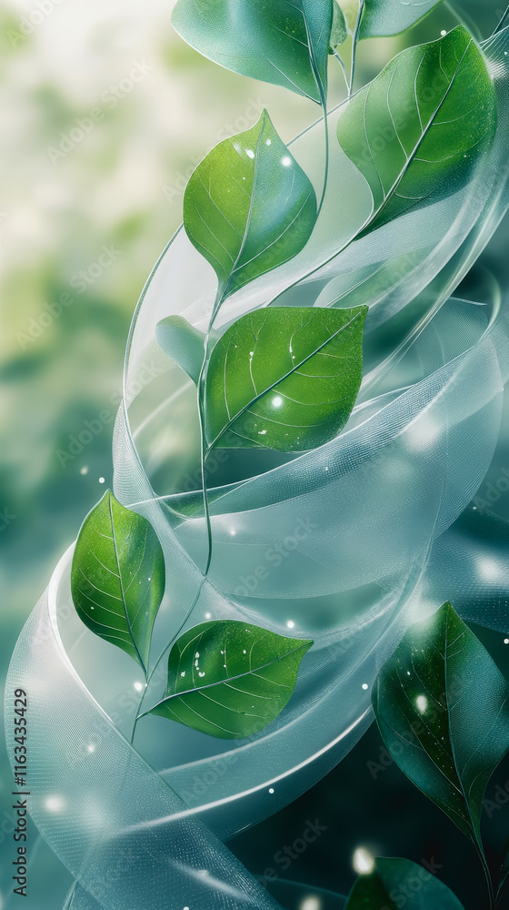 Poster lush green background adorned with vibrant leaves and floating bubbles creating a fresh and invigora