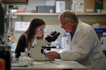 Healthcare researchers in a lab  young female scientist and senior supervisor analyze slides