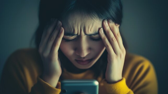 Person experiencing distress while holding head and staring at phone, reflecting modern challenges and emotional struggles in the digital age.