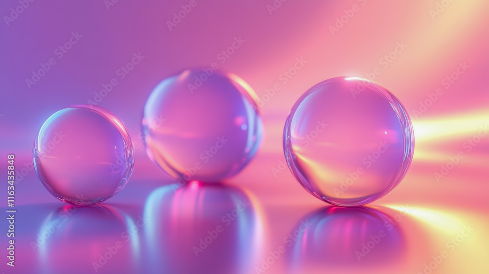 Poster three reflective glass spheres on a rich purple background creating an artistic and abstract visual 
