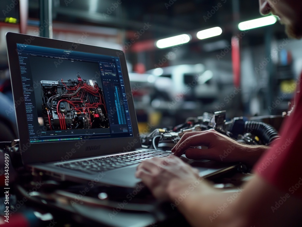 Poster mechanic analyzing v8 engine performance data on laptop in professional garage workshop setting