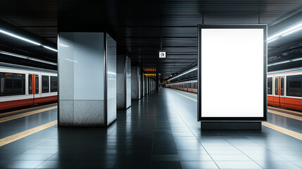 Blank billboard mock up on a train station platform with trains nearby. Promotion information for marketing announcements and details