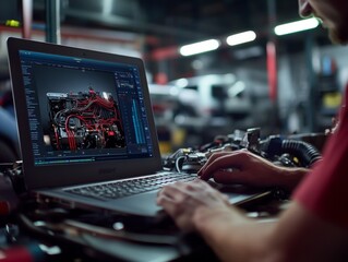 Mechanic analyzing v8 engine performance data on laptop in professional garage workshop setting
