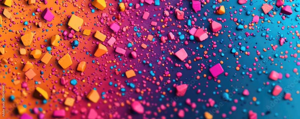 Poster splatter abstract background idea. a vibrant close-up of colorful particles scattered on a textured 