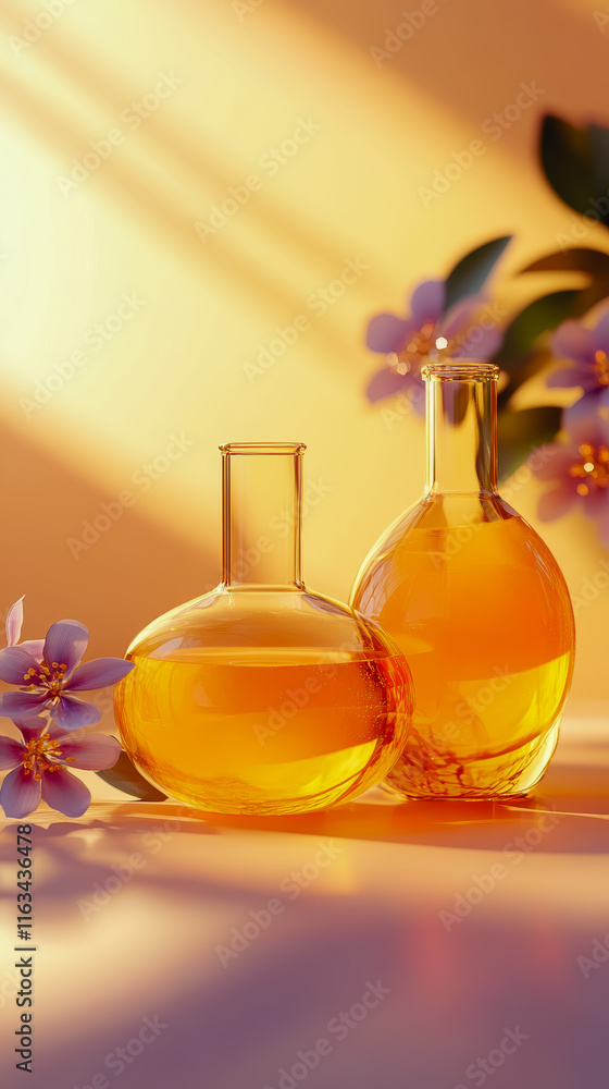 Poster elegant display of two perfume bottles on a stylish table surrounded by soft lighting creating a lux