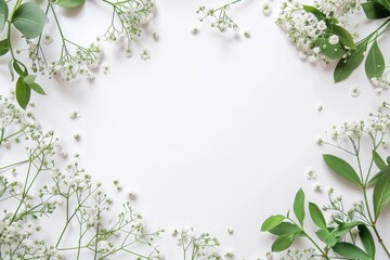 Naklejka premium White gypsophila floral layout with leaves and flowers.