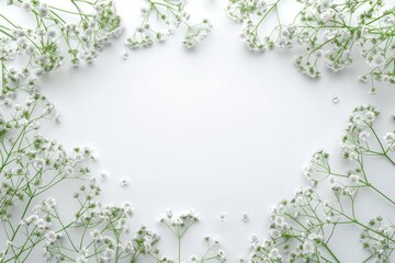 Naklejka premium White gypsophila floral layout with leaves and flowers.