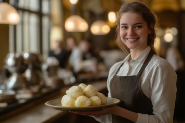 Obraz premium A young woman skillfully holds a plate of steamed dumplings, a popular Asian food made of soft dough and filled with a variety of delicious ingredients, showcasing her culinary skills.