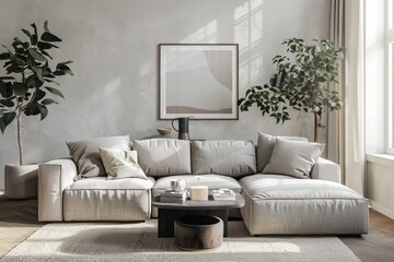 Elegant living room design with mock up poster frame and accessories.