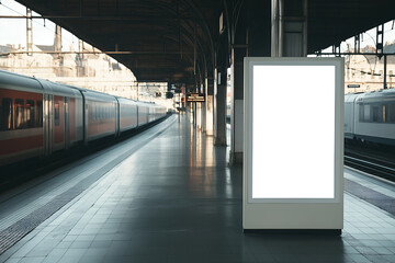 Blank billboard mock up on a train station platform with trains nearby. Promotion information for marketing announcements and details