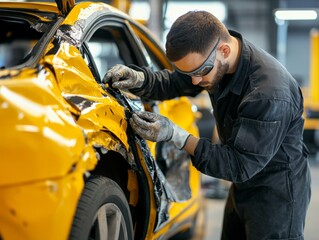 Professional car body repair and paint work by mechanic in garage focusing on damaged vehicles